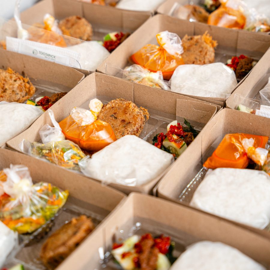 In Indonesian it is called Rice Box or Nasi kotak with perkedel kentang. Usually distributed during celebrations or catering packaging.